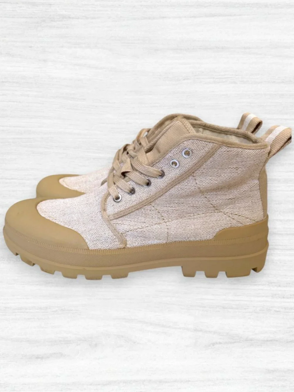 Zara Canvas Lug Sole Hiking Boots Shoes Beige Tan EU 39 US 8 Lace Up Ankle